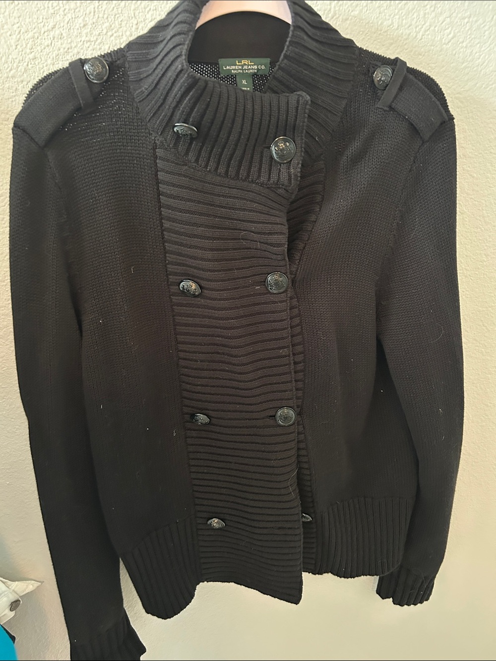 Lauren Ralph Lauren Black Double-Breasted Ribbed Knit Pea Coat